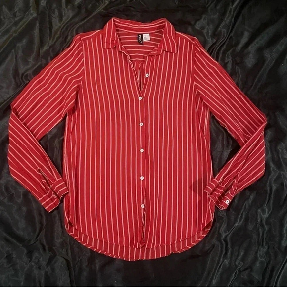 Divided Tops - 🎈Divided By H & M Size  2 Red White Striped 100% Cotton Shirt Top Blouse Women